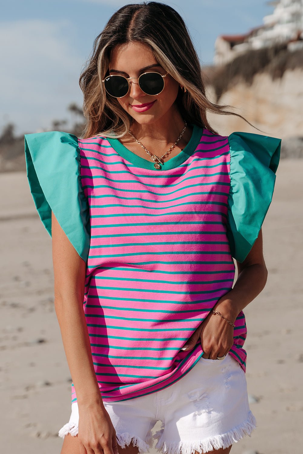 Stripe Colorblock Ruffle Sleeve Crewneck Blouse - Rooted & Reckless Co.