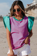 Stripe Colorblock Ruffle Sleeve Crewneck Blouse - Rooted & Reckless Co.