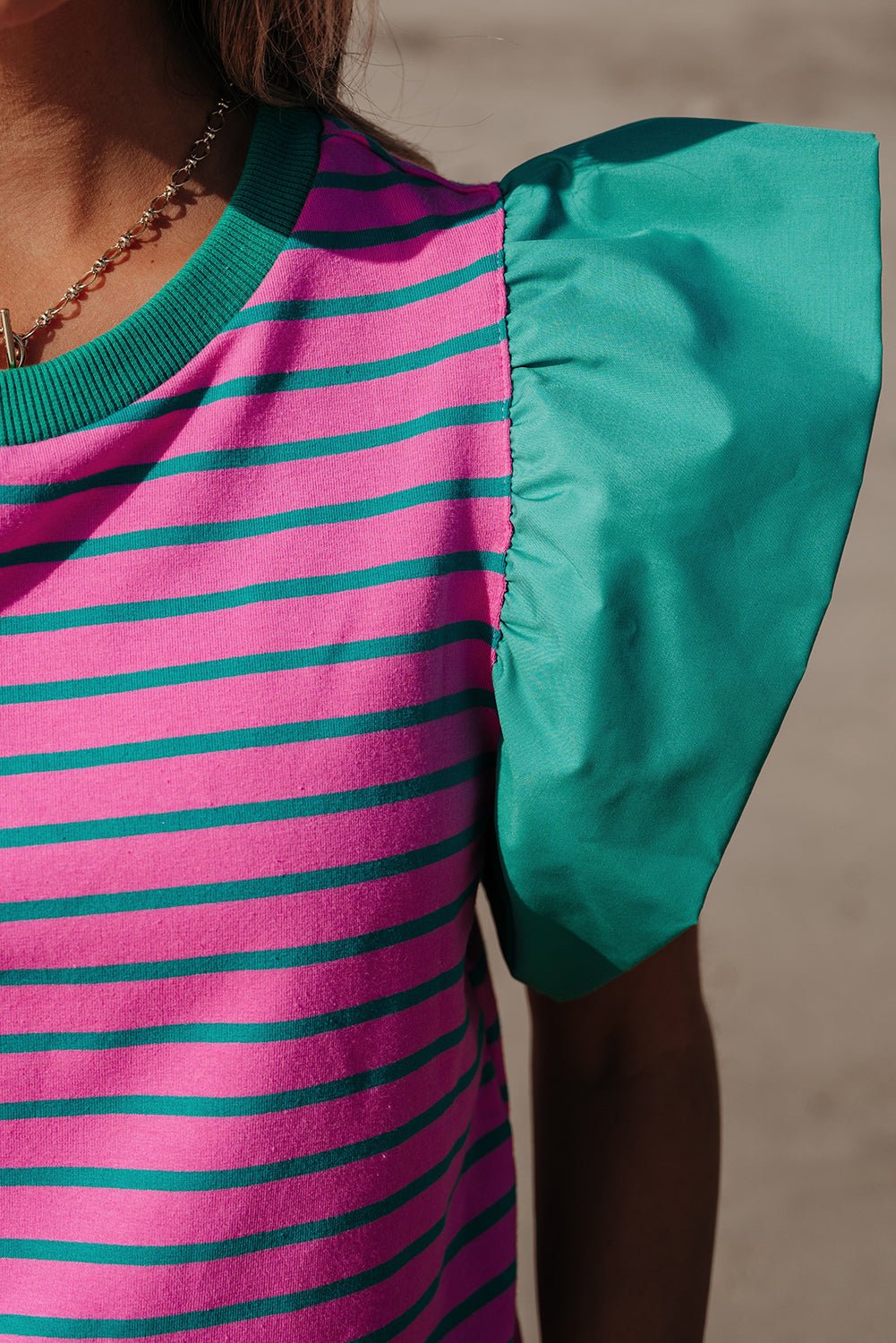 Stripe Colorblock Ruffle Sleeve Crewneck Blouse - Rooted & Reckless Co.