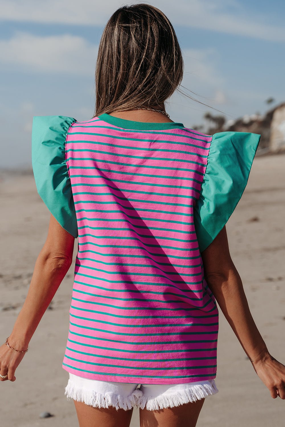 Stripe Colorblock Ruffle Sleeve Crewneck Blouse - Rooted & Reckless Co.