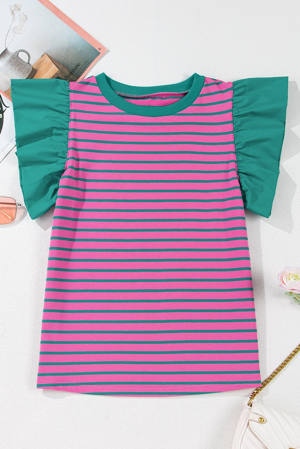 Stripe Colorblock Ruffle Sleeve Crewneck Blouse - Rooted & Reckless Co.