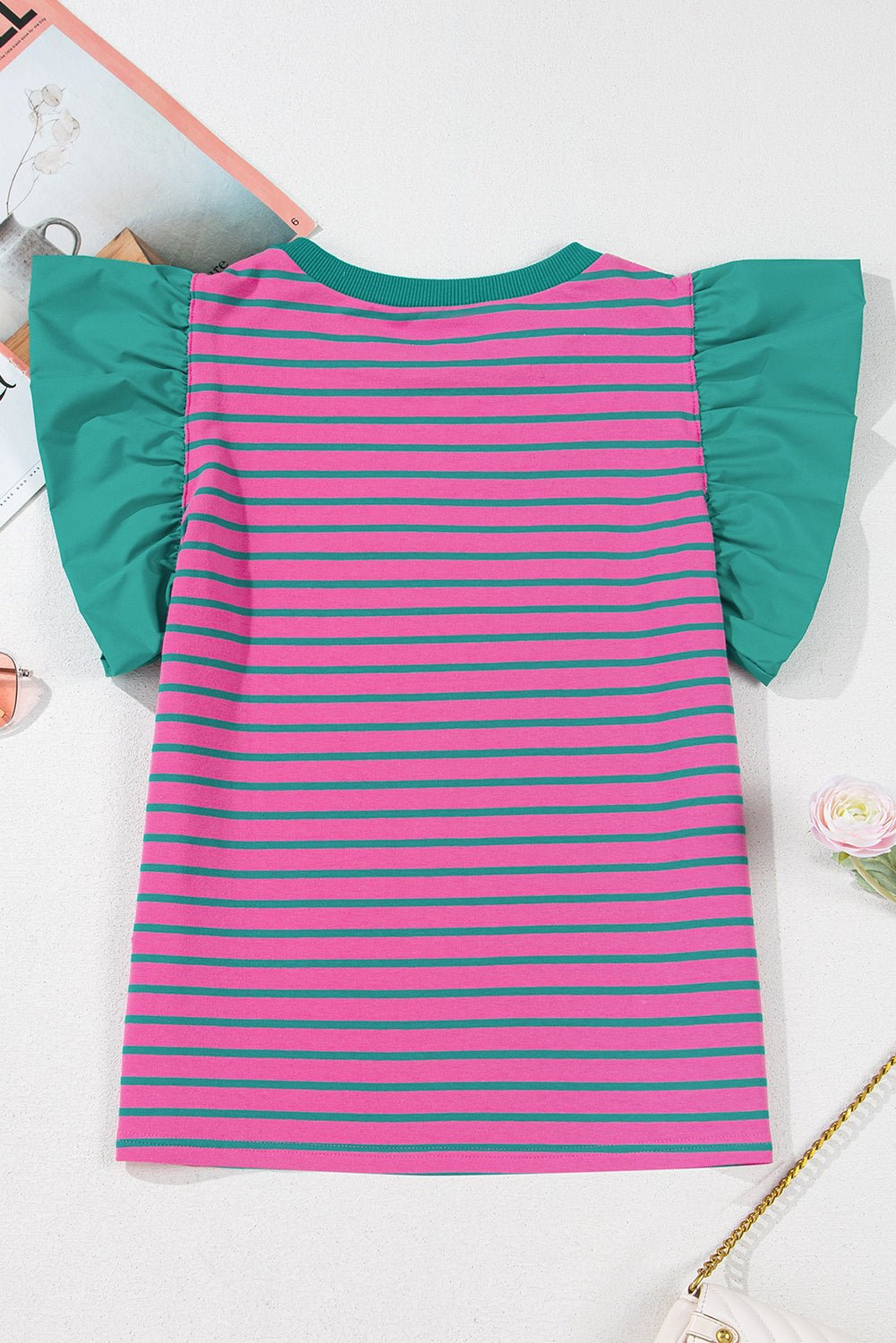 Stripe Colorblock Ruffle Sleeve Crewneck Blouse - Rooted & Reckless Co.