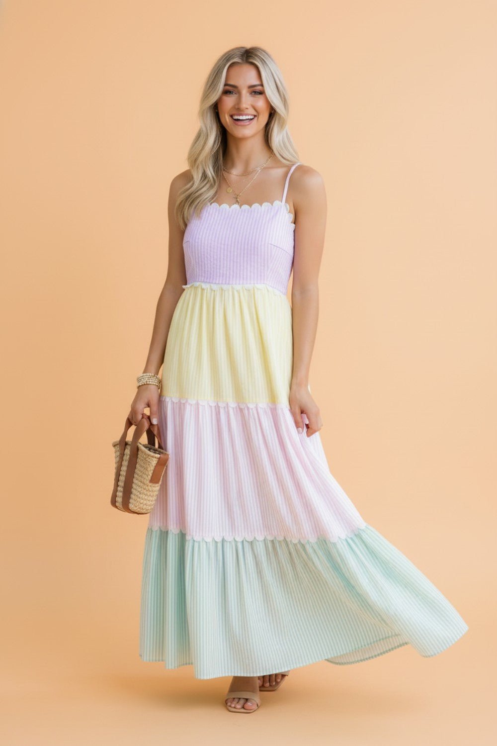 Stripe Colorblock Scallop Ricrac Trim Maxi Dress - Rooted & Reckless Co.