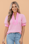 Stripe Colorblock Split Neck Short Sleeve Blouse - Rooted & Reckless Co.