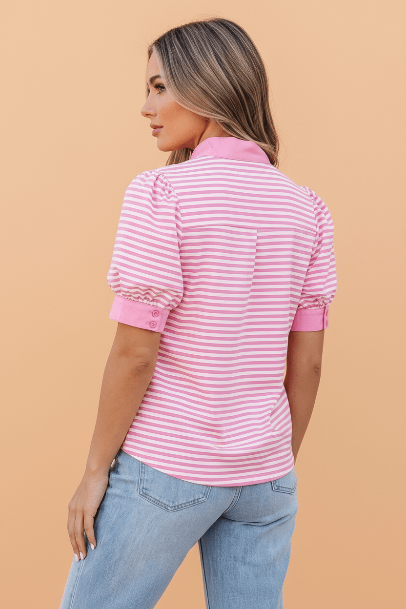 Stripe Colorblock Split Neck Short Sleeve Blouse - Rooted & Reckless Co.