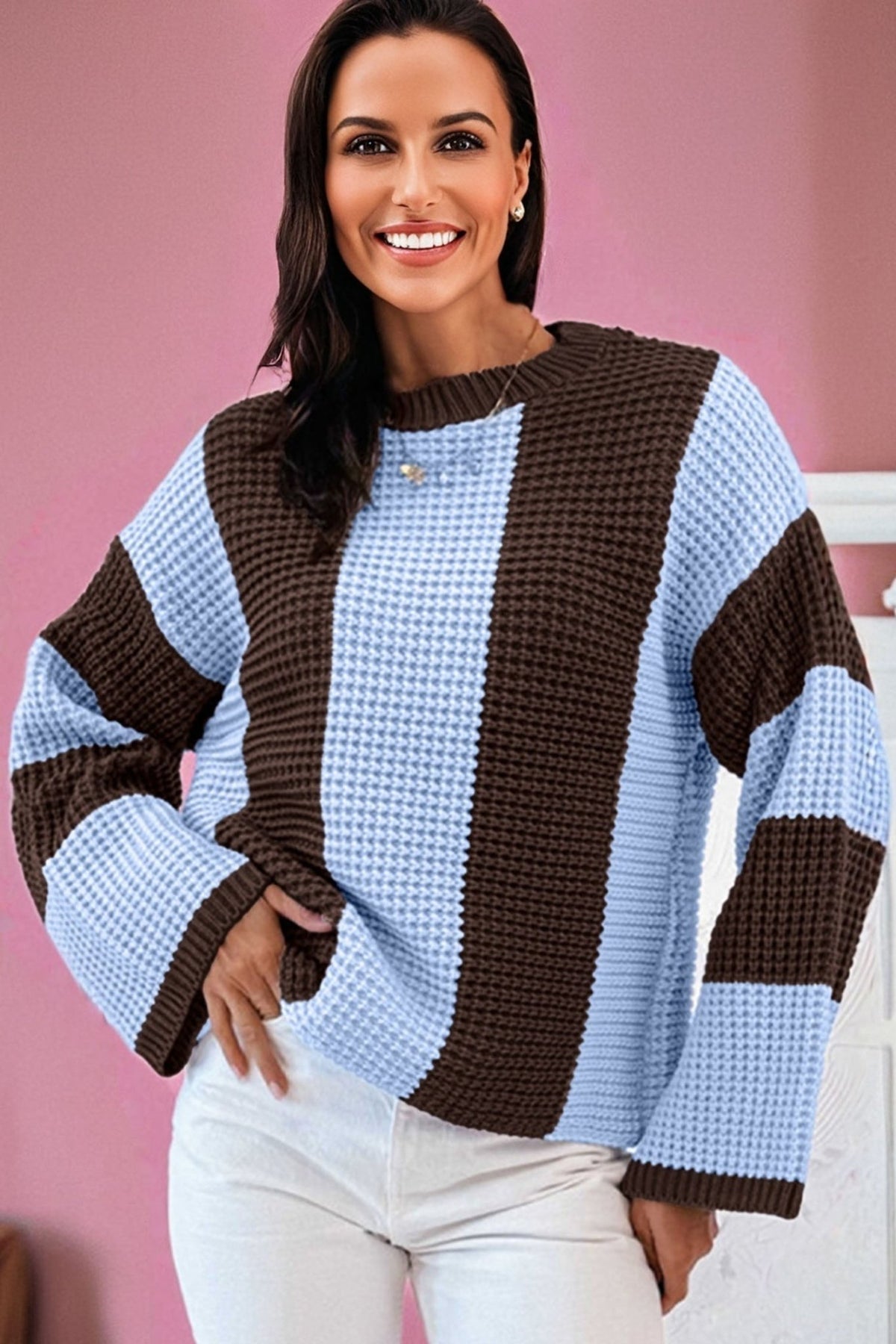 Stripe Colorblock Thermal Textured Knit Drop Shoulder Sweater - Rooted & Reckless Co.