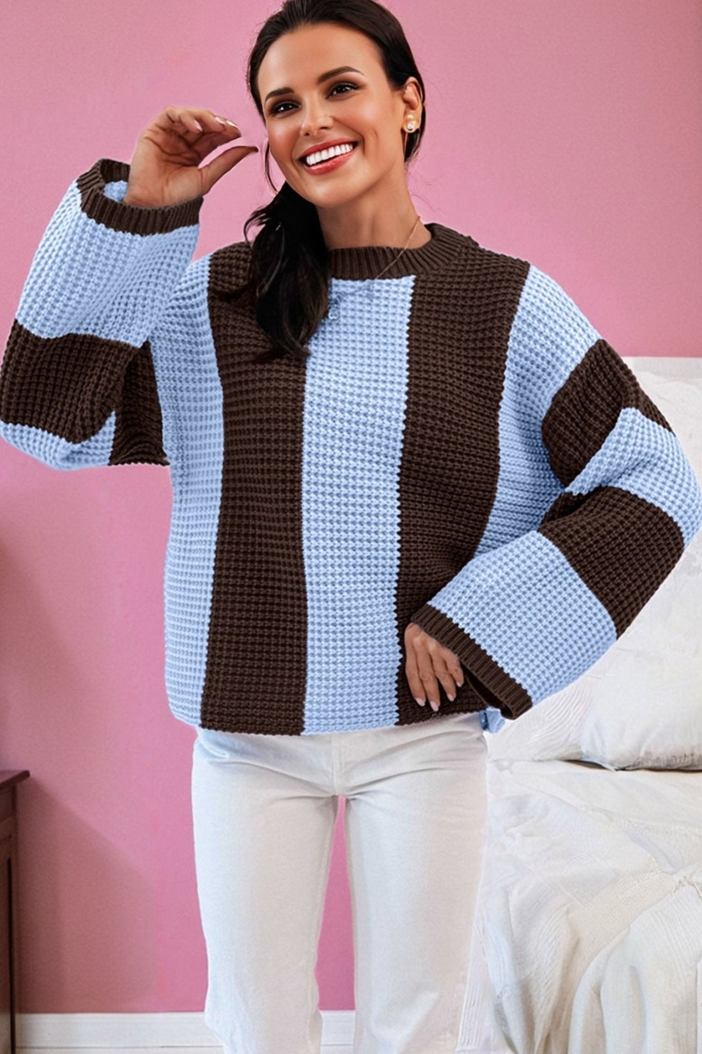 Stripe Colorblock Thermal Textured Knit Drop Shoulder Sweater - Rooted & Reckless Co.
