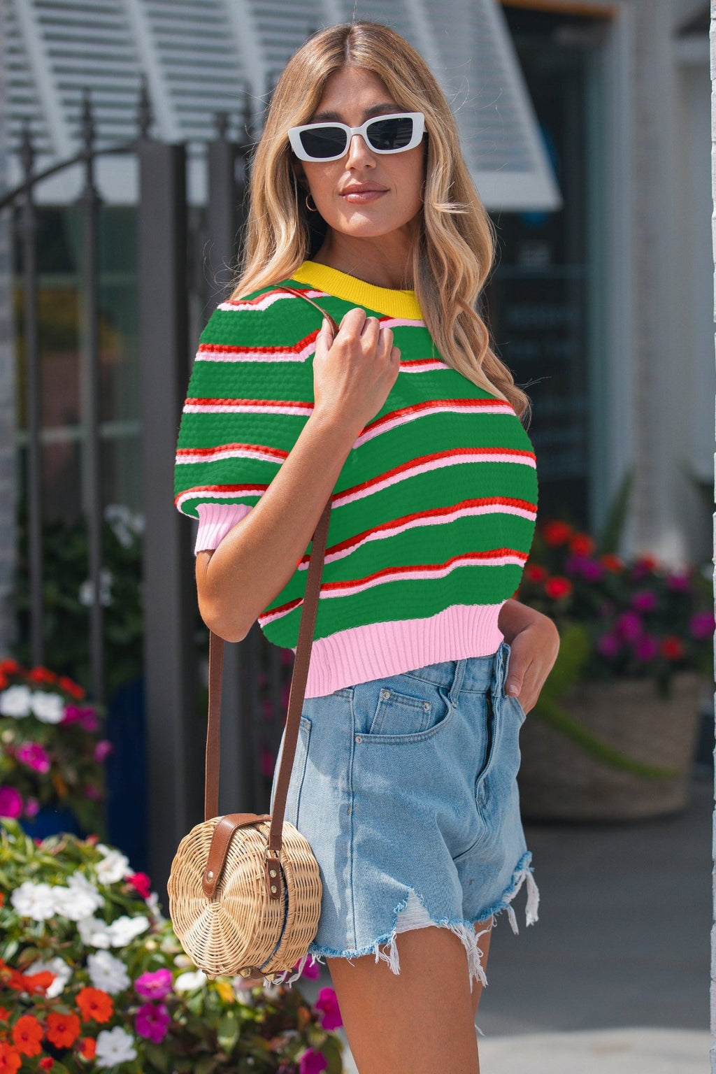 Stripe Colorblock Trim 3/4 Sleeve Sweater Top - Rooted & Reckless Co.