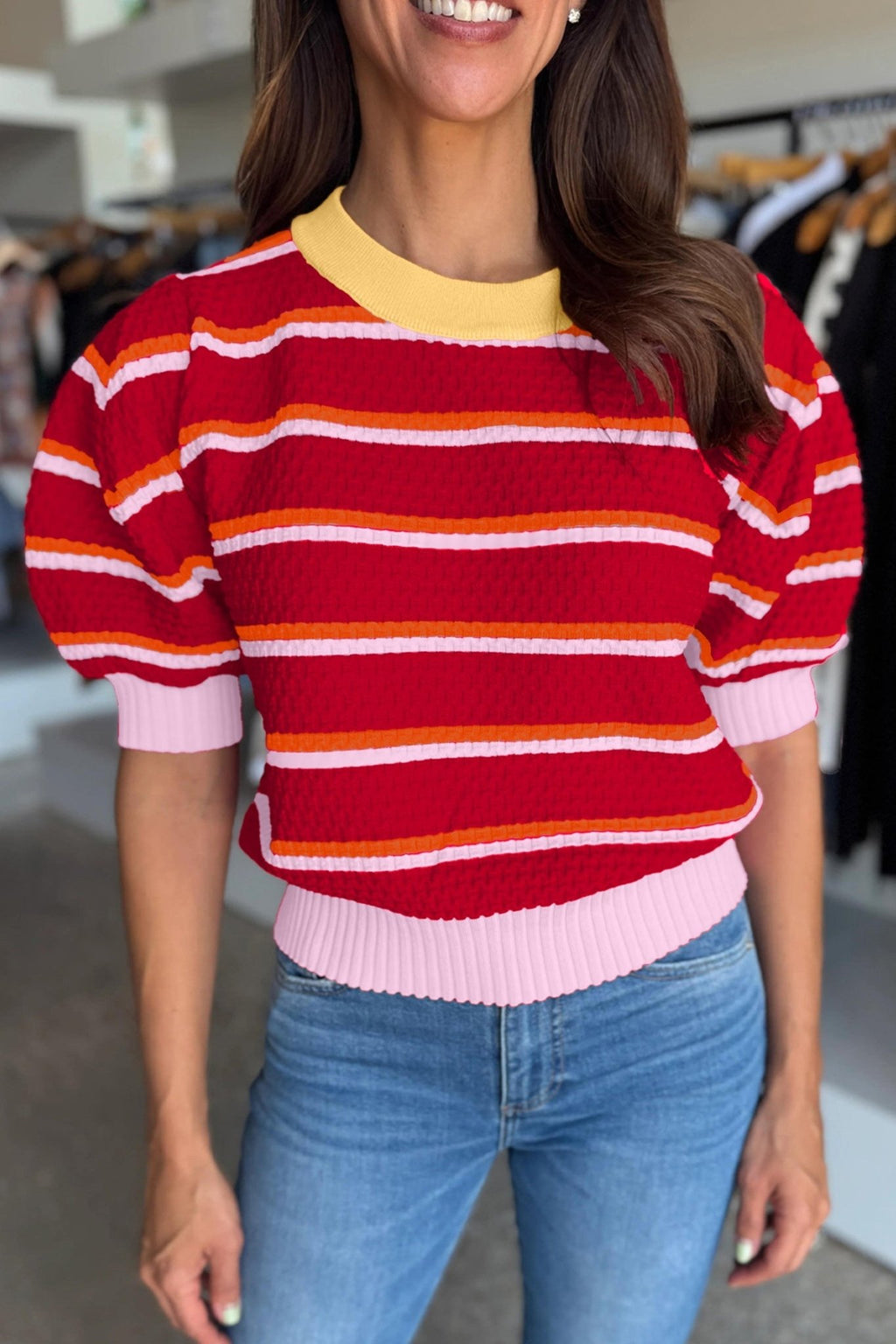 Stripe Colorblock Trim 3/4 Sleeve Sweater Top - Rooted & Reckless Co.
