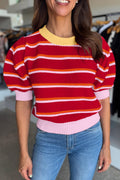Stripe Colorblock Trim 3/4 Sleeve Sweater Top - Rooted & Reckless Co.
