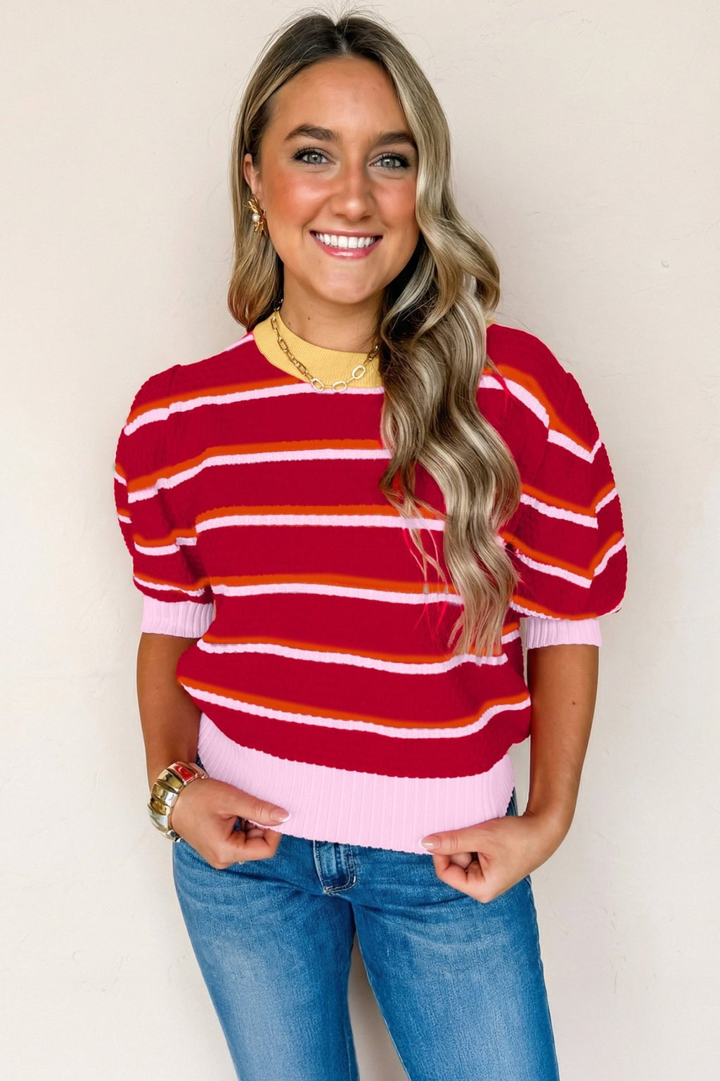 Stripe Colorblock Trim 3/4 Sleeve Sweater Top - Rooted & Reckless Co.