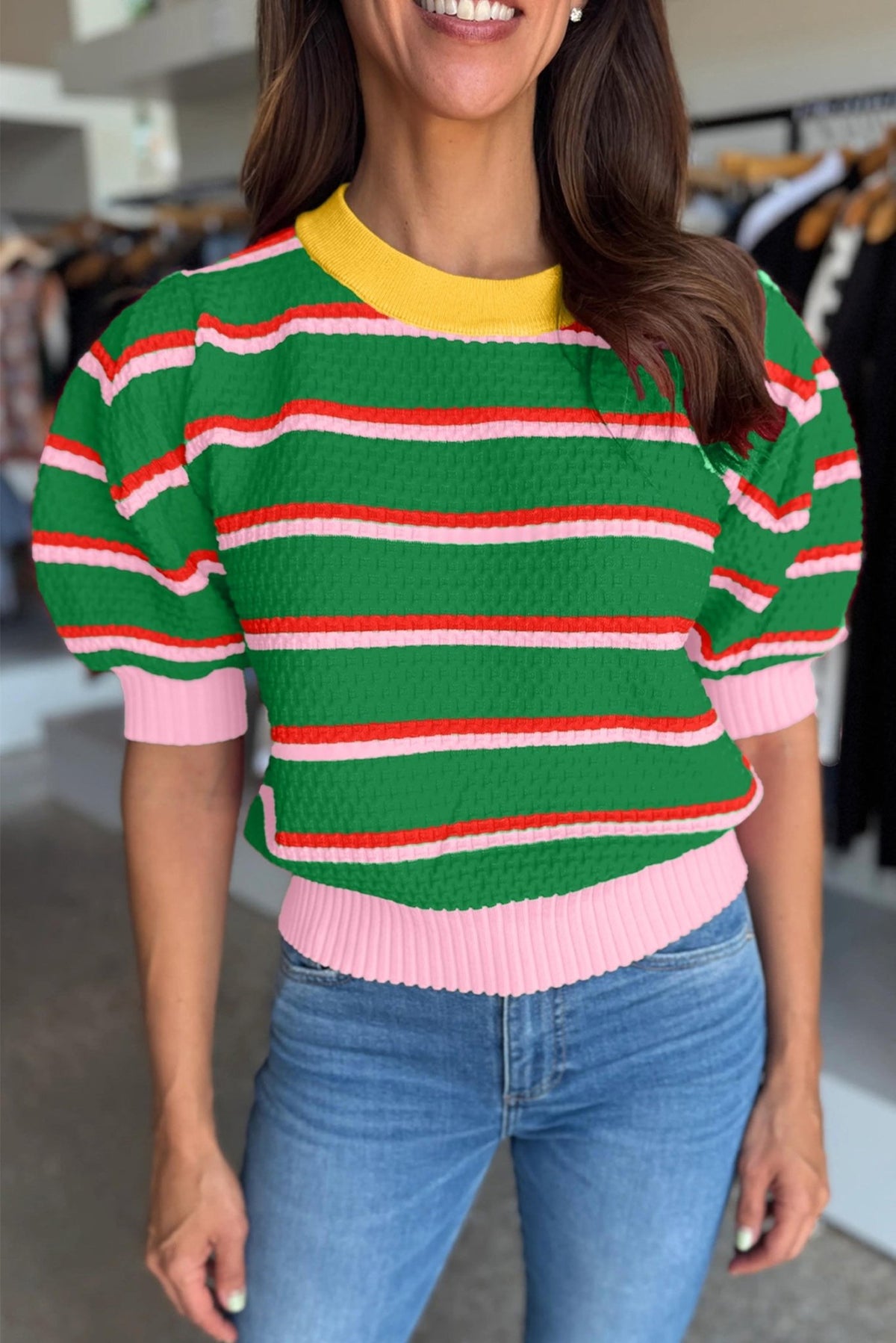 Stripe Colorblock Trim 3/4 Sleeve Sweater Top - Rooted & Reckless Co.
