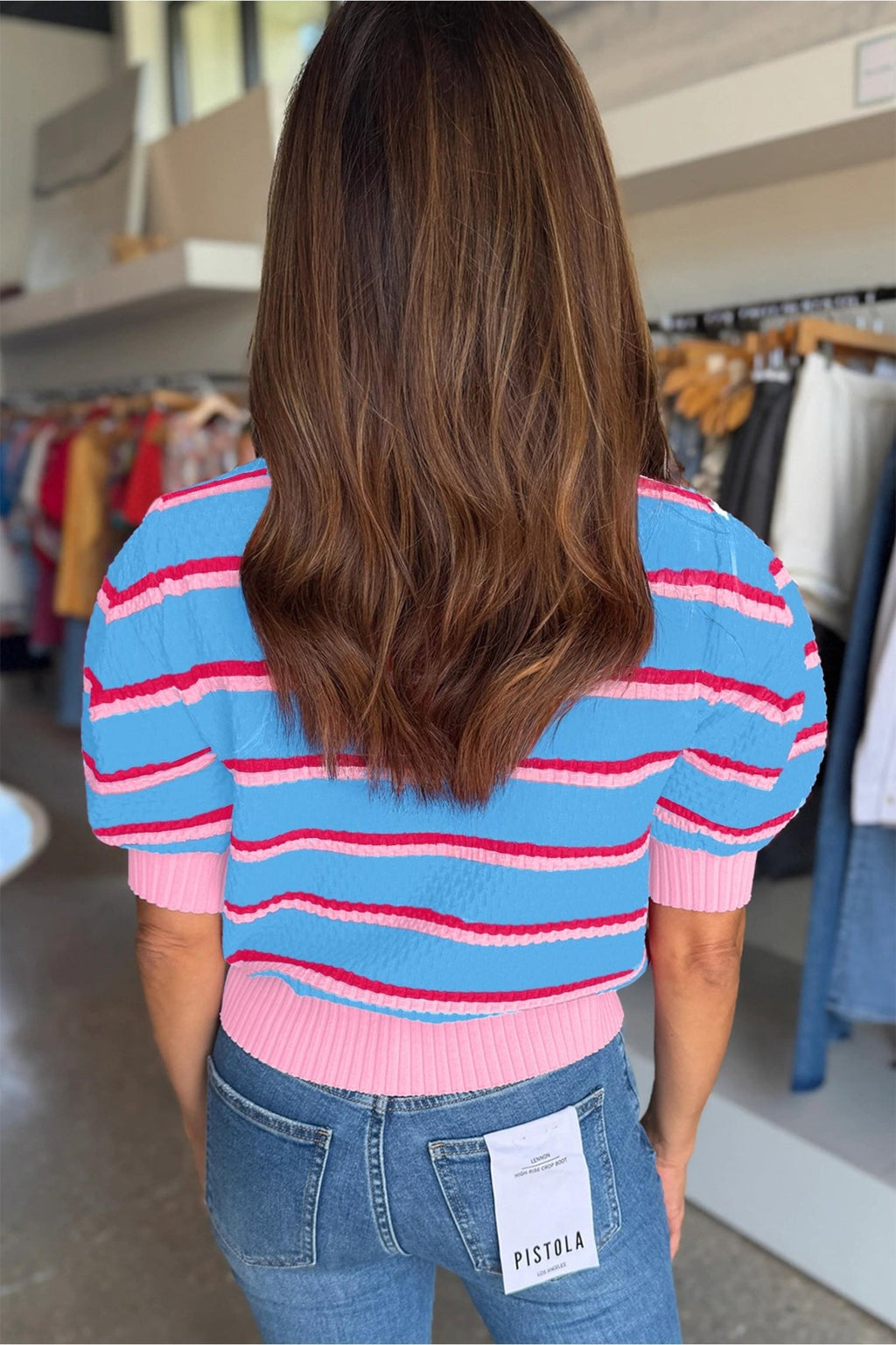 Stripe Colorblock Trim 3/4 Sleeve Sweater Top - Rooted & Reckless Co.