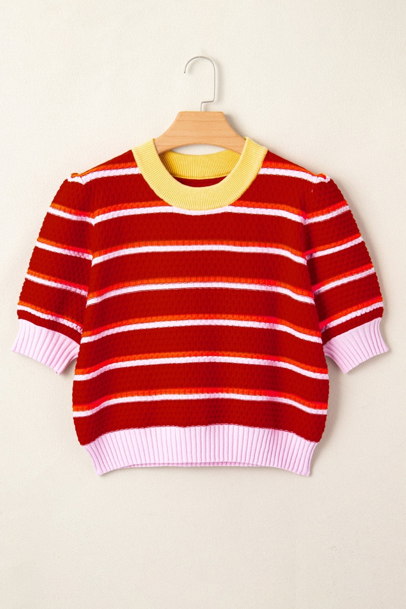Stripe Colorblock Trim 3/4 Sleeve Sweater Top - Rooted & Reckless Co.