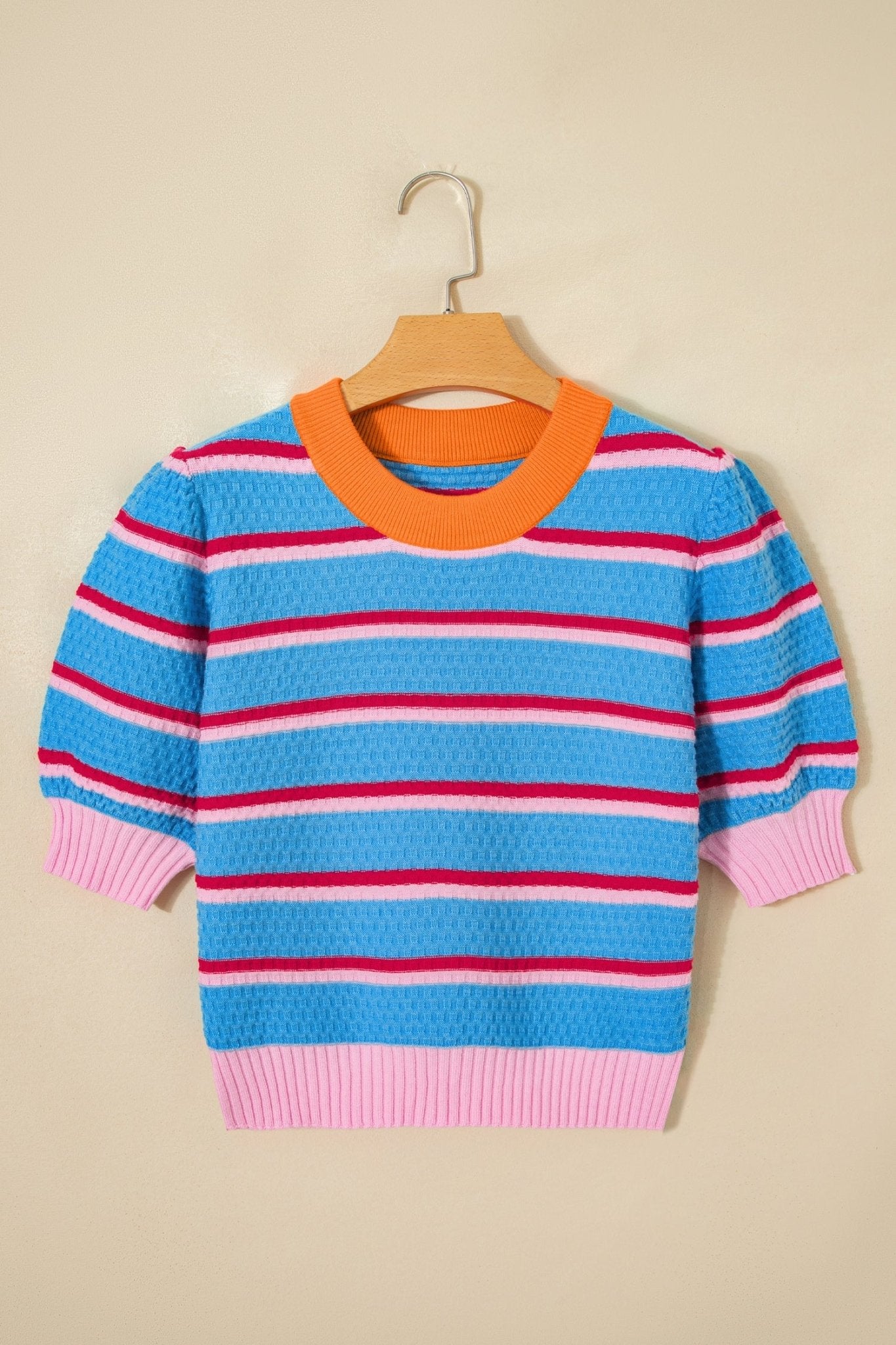 Stripe Colorblock Trim 3/4 Sleeve Sweater Top - Rooted & Reckless Co.