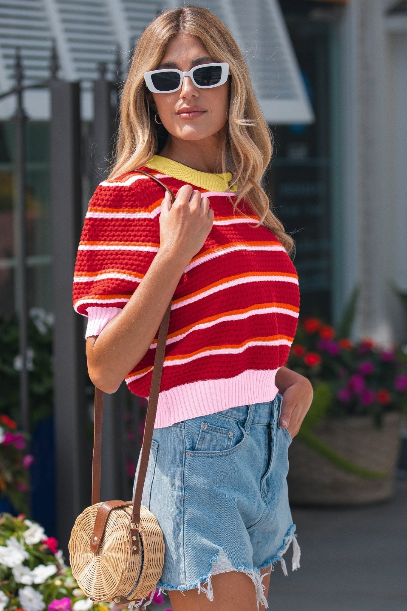 Stripe Colorblock Trim 3/4 Sleeve Sweater Top - Rooted & Reckless Co.