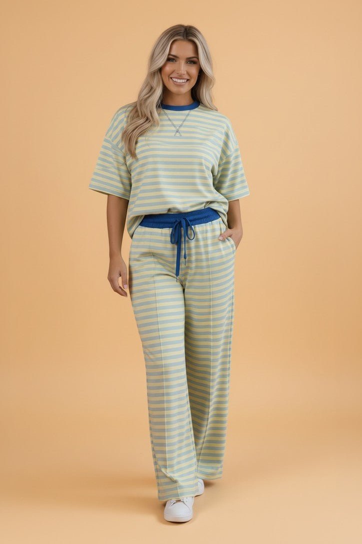Stripe Colorblock Trim Short Sleeve Tee and Pants Set - Rooted & Reckless Co.