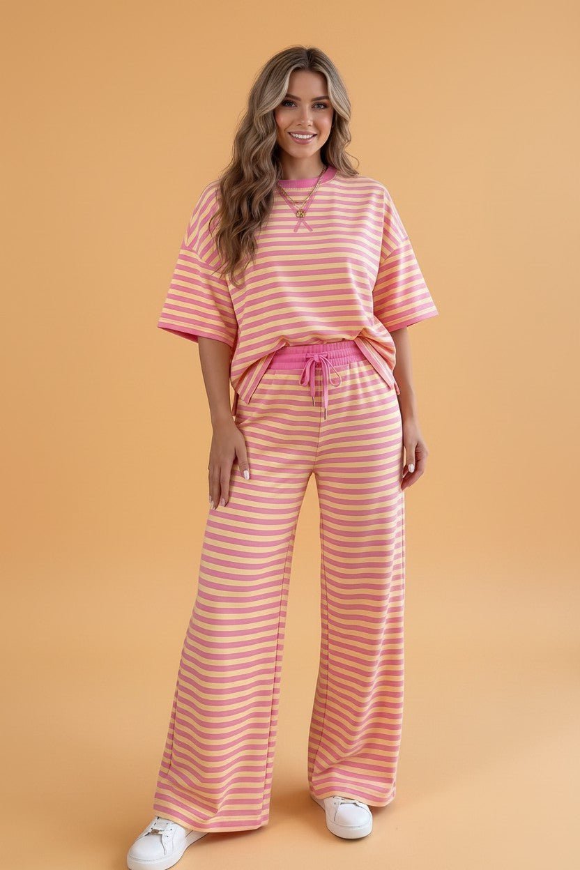 Stripe Colorblock Trim Short Sleeve Tee and Pants Set - Rooted & Reckless Co.