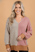 Stripe Colorblock V-Neck Reverse Seam Long Sleeve Top - Rooted & Reckless Co.