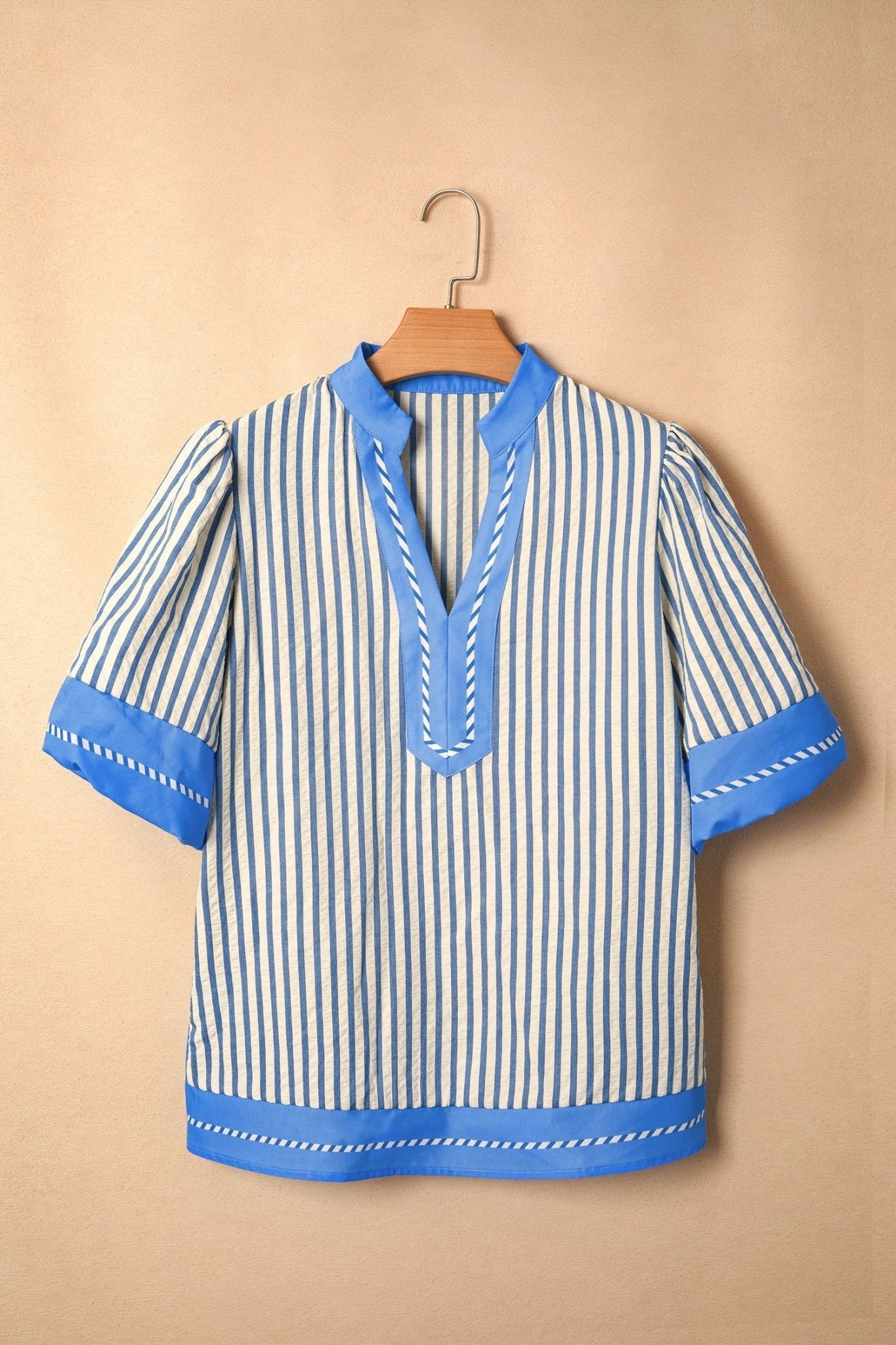 Stripe Colorblock V-Neck Short Sleeve Blouse - Rooted & Reckless Co.