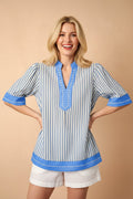 Stripe Colorblock V-Neck Short Sleeve Blouse - Rooted & Reckless Co.