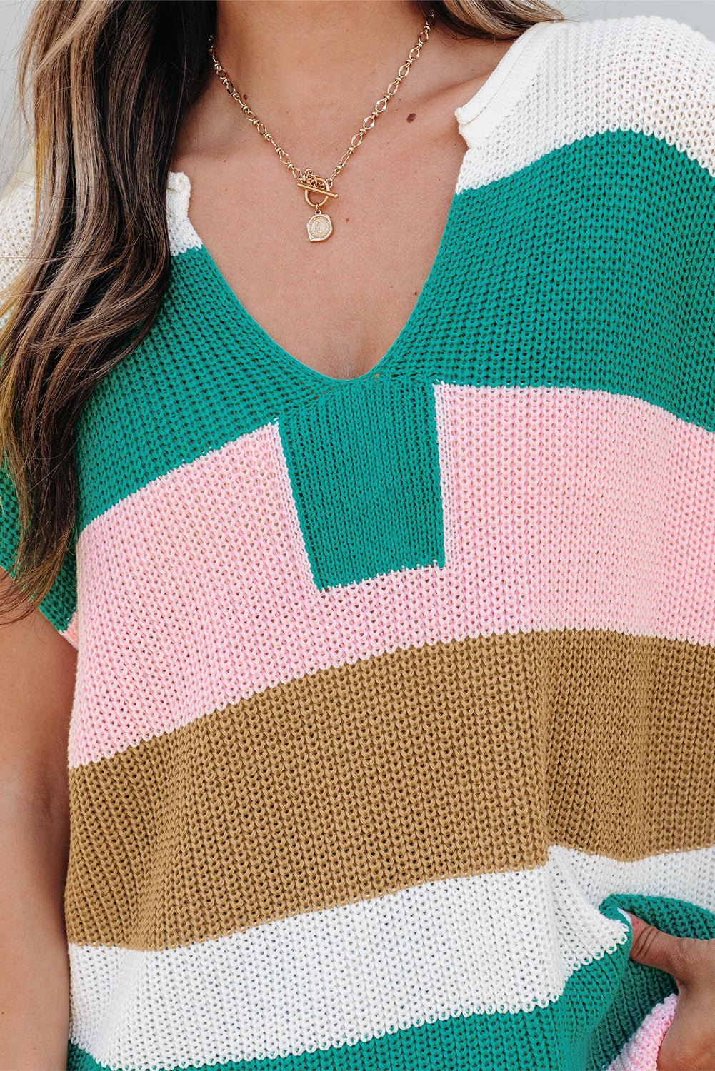 Stripe Colorblock V-Neck Sweater T-Shirt - Rooted & Reckless Co.