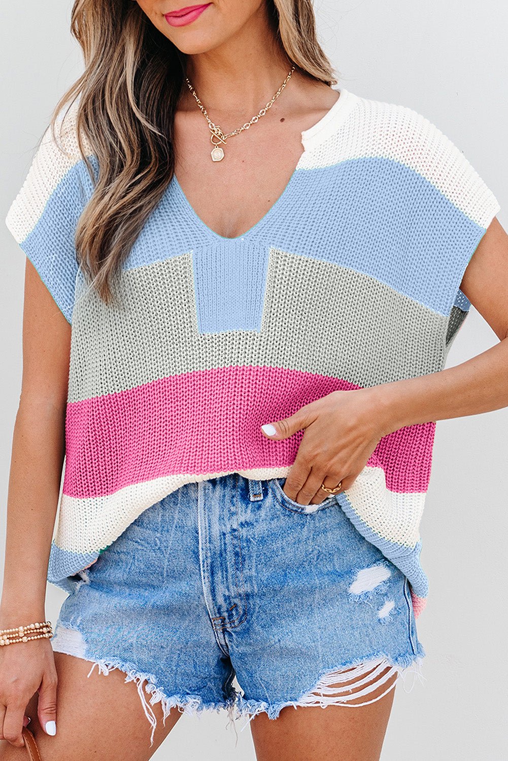 Stripe Colorblock V-Neck Sweater T-Shirt - Rooted & Reckless Co.