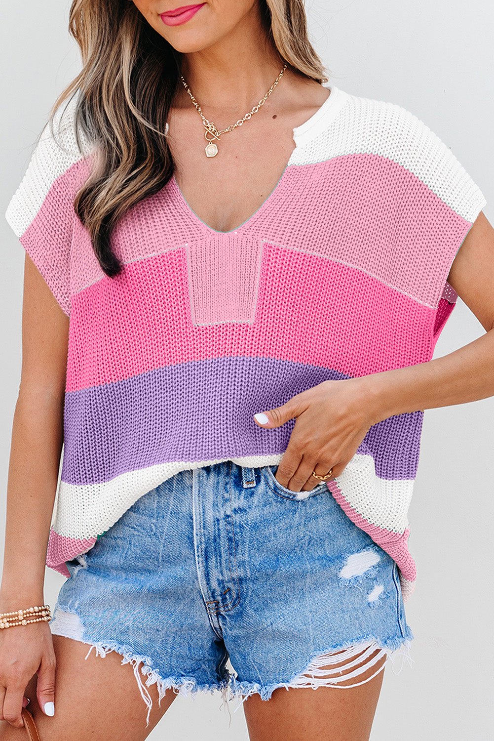 Stripe Colorblock V-Neck Sweater T-Shirt - Rooted & Reckless Co.