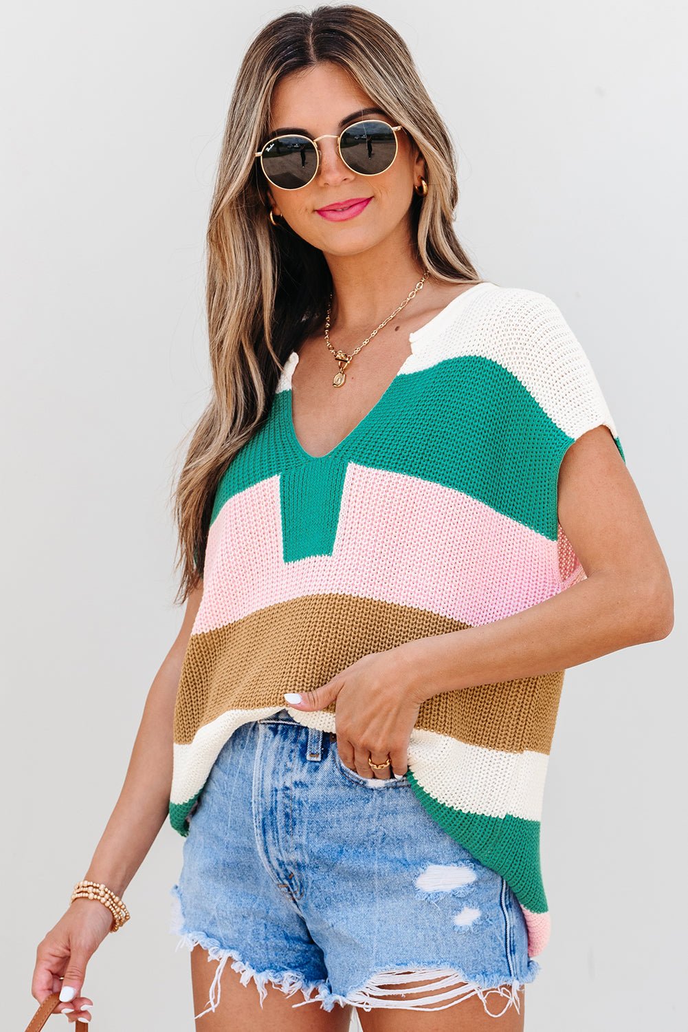 Stripe Colorblock V-Neck Sweater T-Shirt - Rooted & Reckless Co.