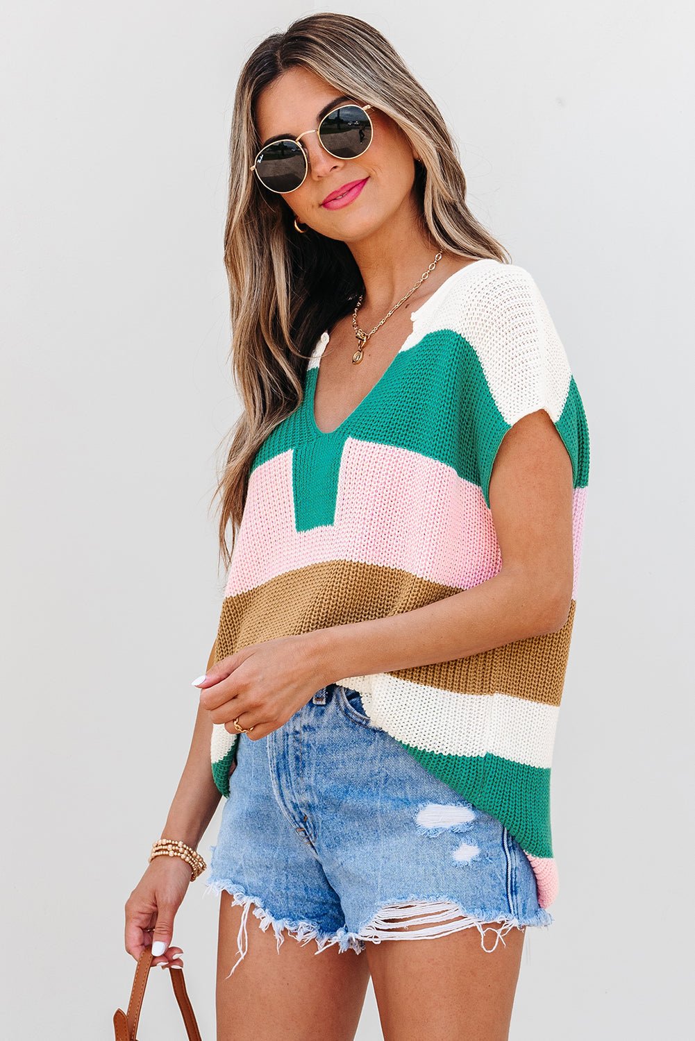Stripe Colorblock V-Neck Sweater T-Shirt - Rooted & Reckless Co.