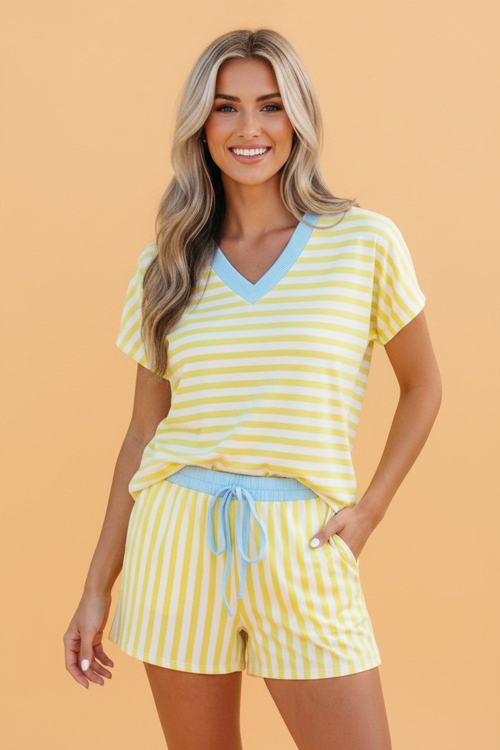 Stripe Colorblock V-Neck Tee & Drawstring Short Set - Rooted & Reckless Co.