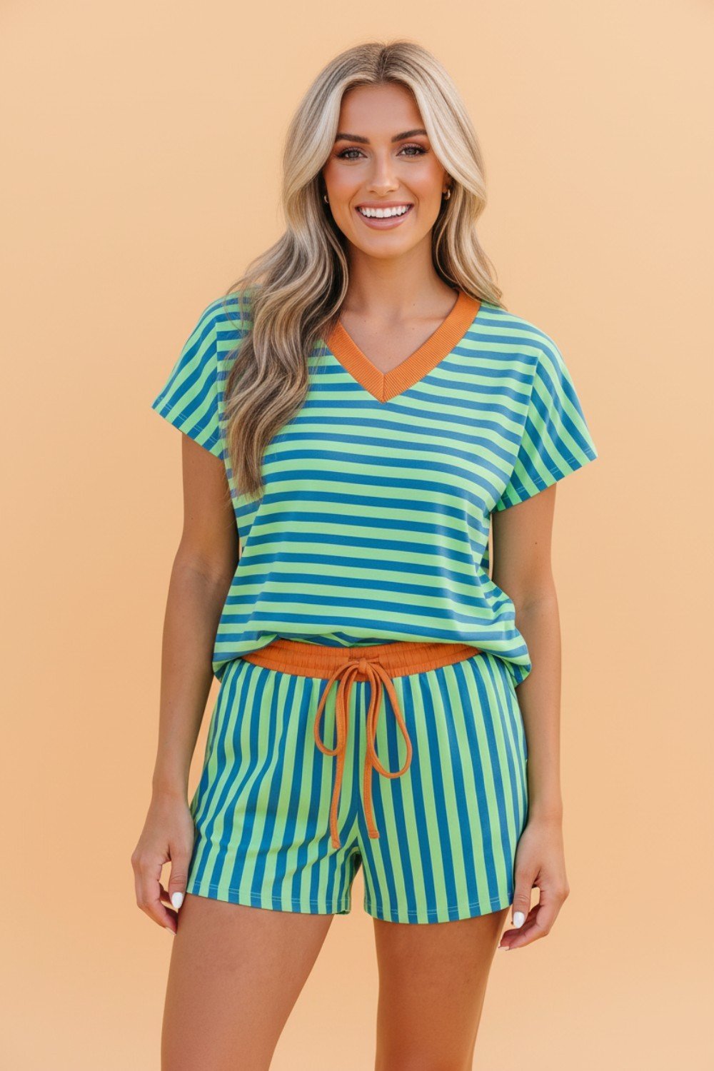 Stripe Colorblock V-Neck Tee & Drawstring Short Set - Rooted & Reckless Co.