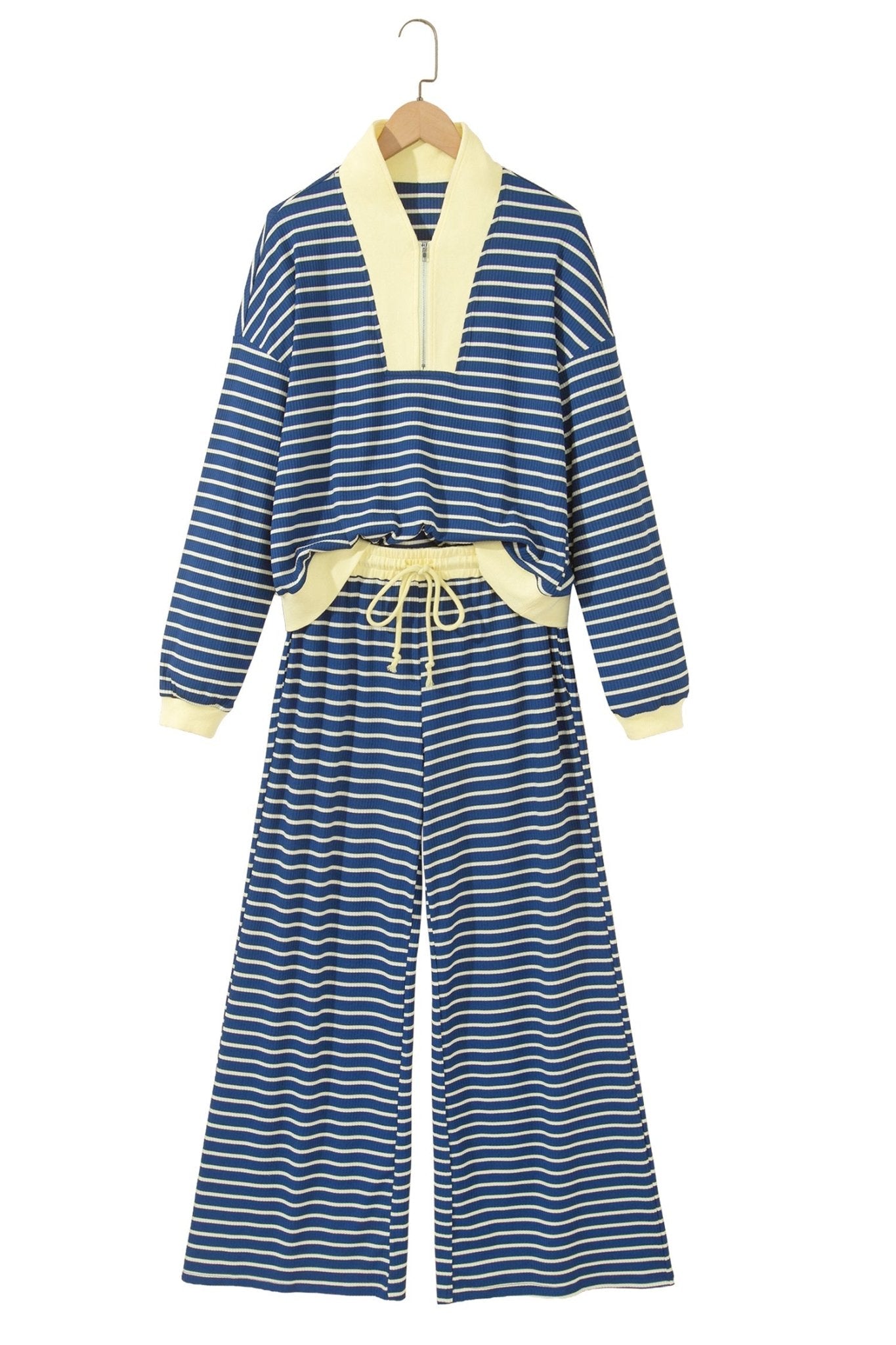 Stripe Colorblock Zip V-Neck Pullover and Pants Set - Rooted & Reckless Co.