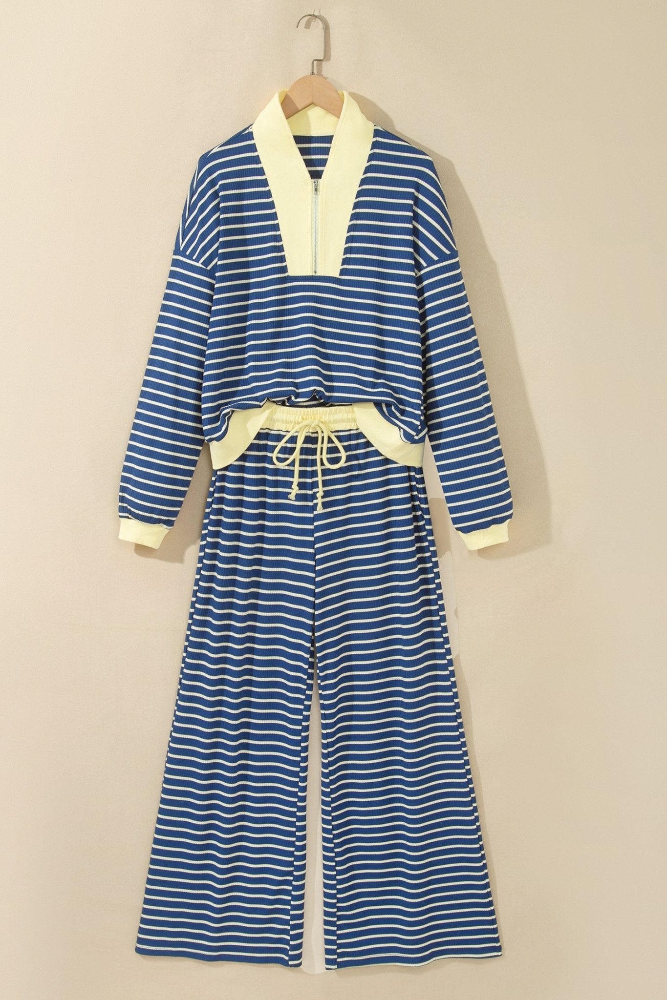 Stripe Colorblock Zip V-Neck Pullover and Pants Set - Rooted & Reckless Co.