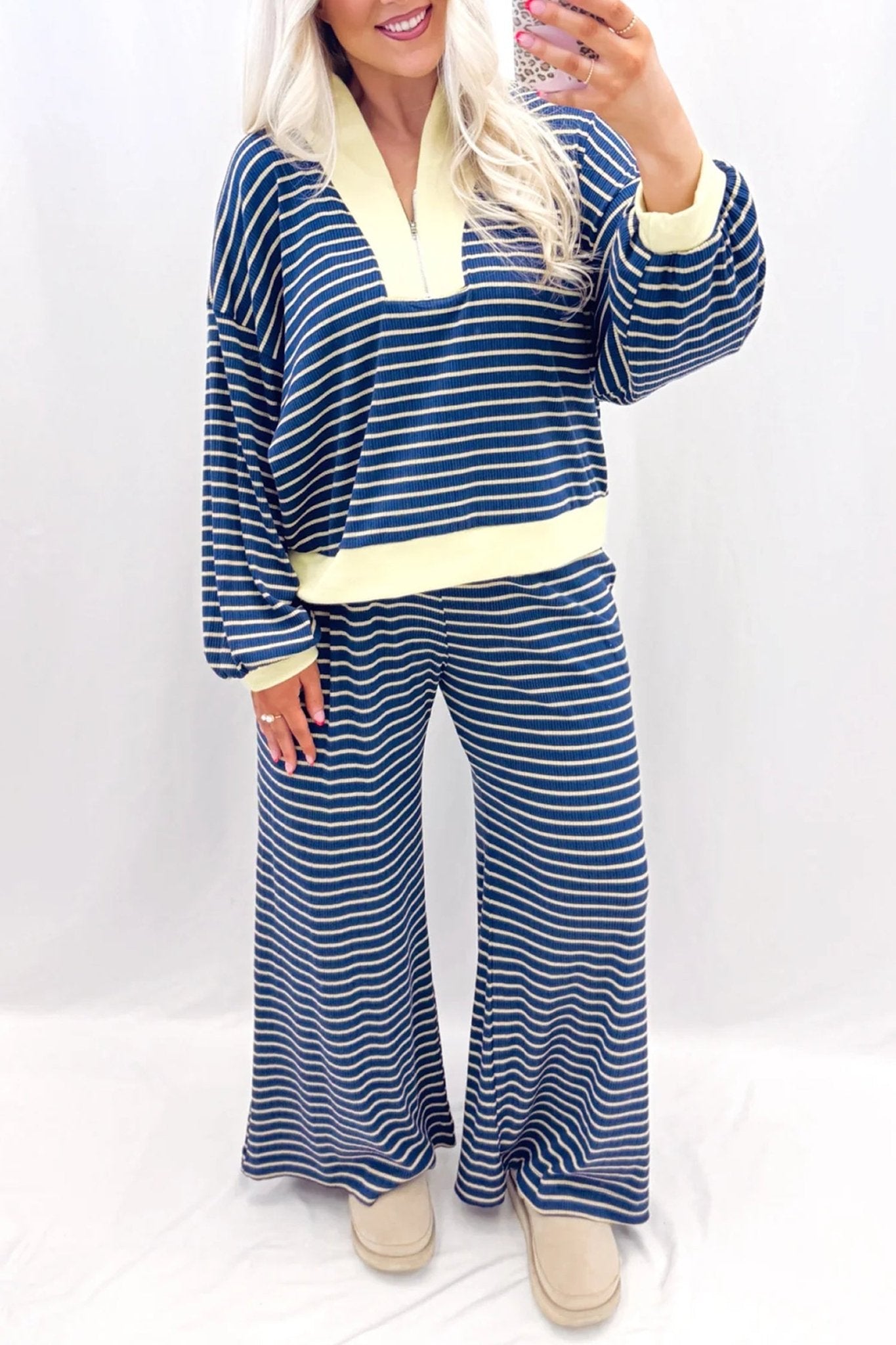 Stripe Colorblock Zip V-Neck Pullover and Pants Set - Rooted & Reckless Co.