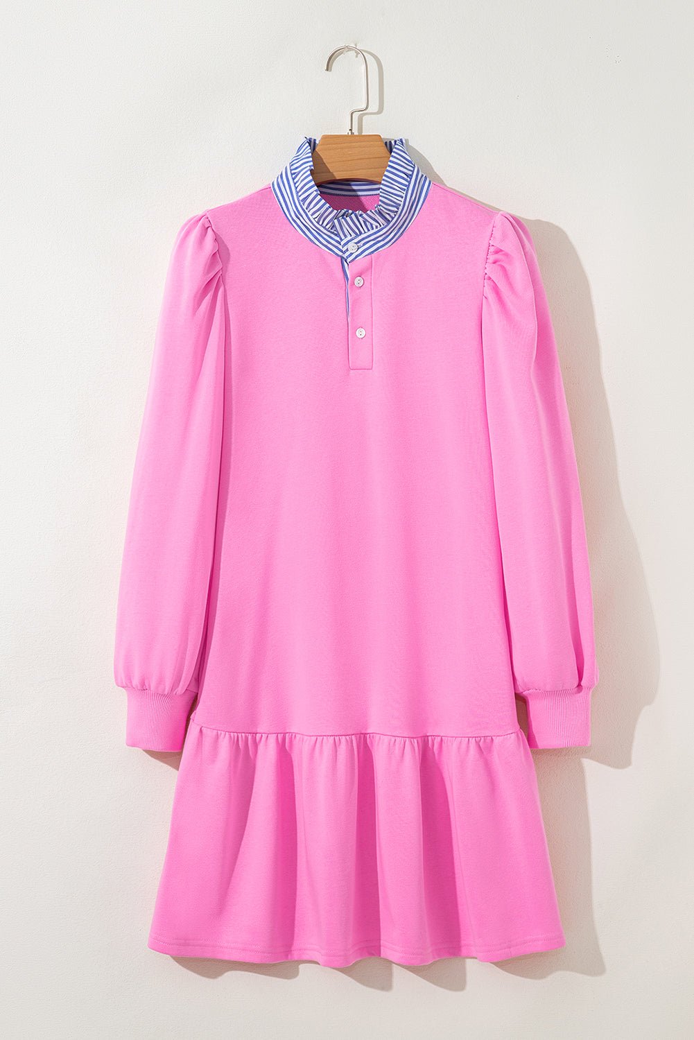 Stripe Contrast Collar Puff Sleeve Ruffle Mini Dress - Rooted & Reckless Co.
