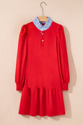 Stripe Contrast Collar Puff Sleeve Ruffle Mini Dress - Rooted & Reckless Co.