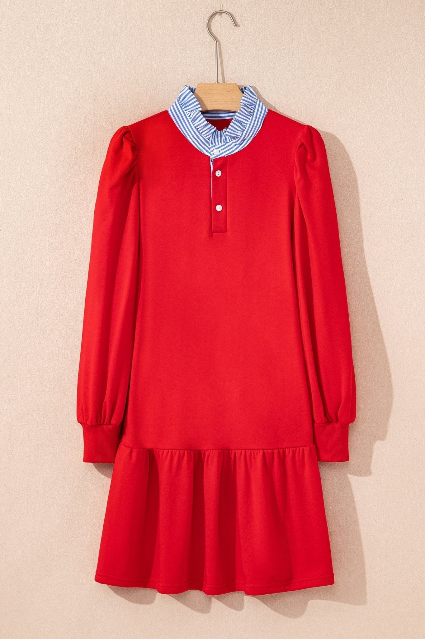 Stripe Contrast Collar Puff Sleeve Ruffle Mini Dress - Rooted & Reckless Co.