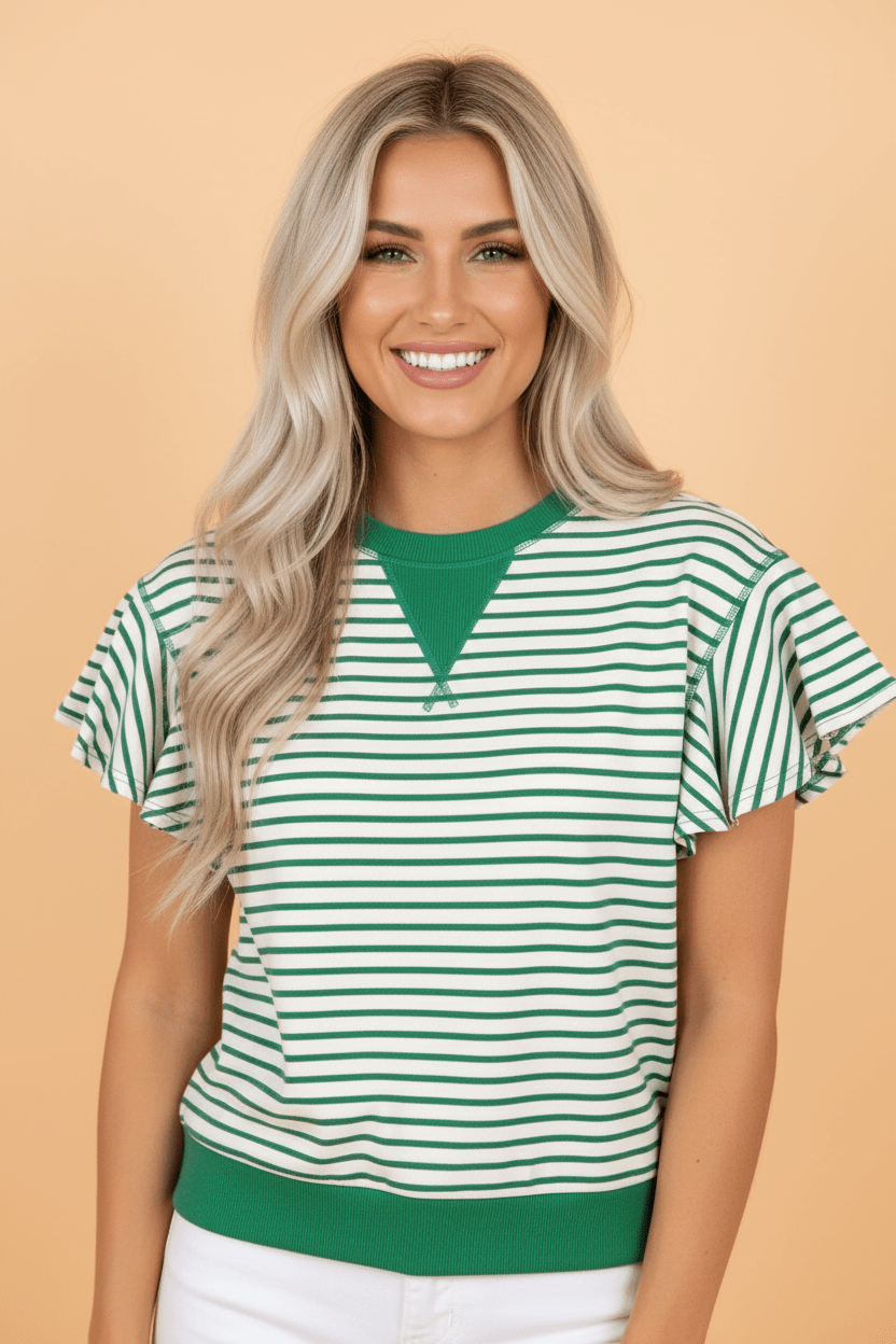 Stripe Contrast Detail Ruffle Short Sleeve Top - Rooted & Reckless Co.