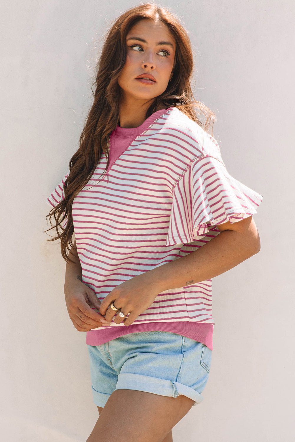 Stripe Contrast Detail Ruffle Short Sleeve Top - Rooted & Reckless Co.