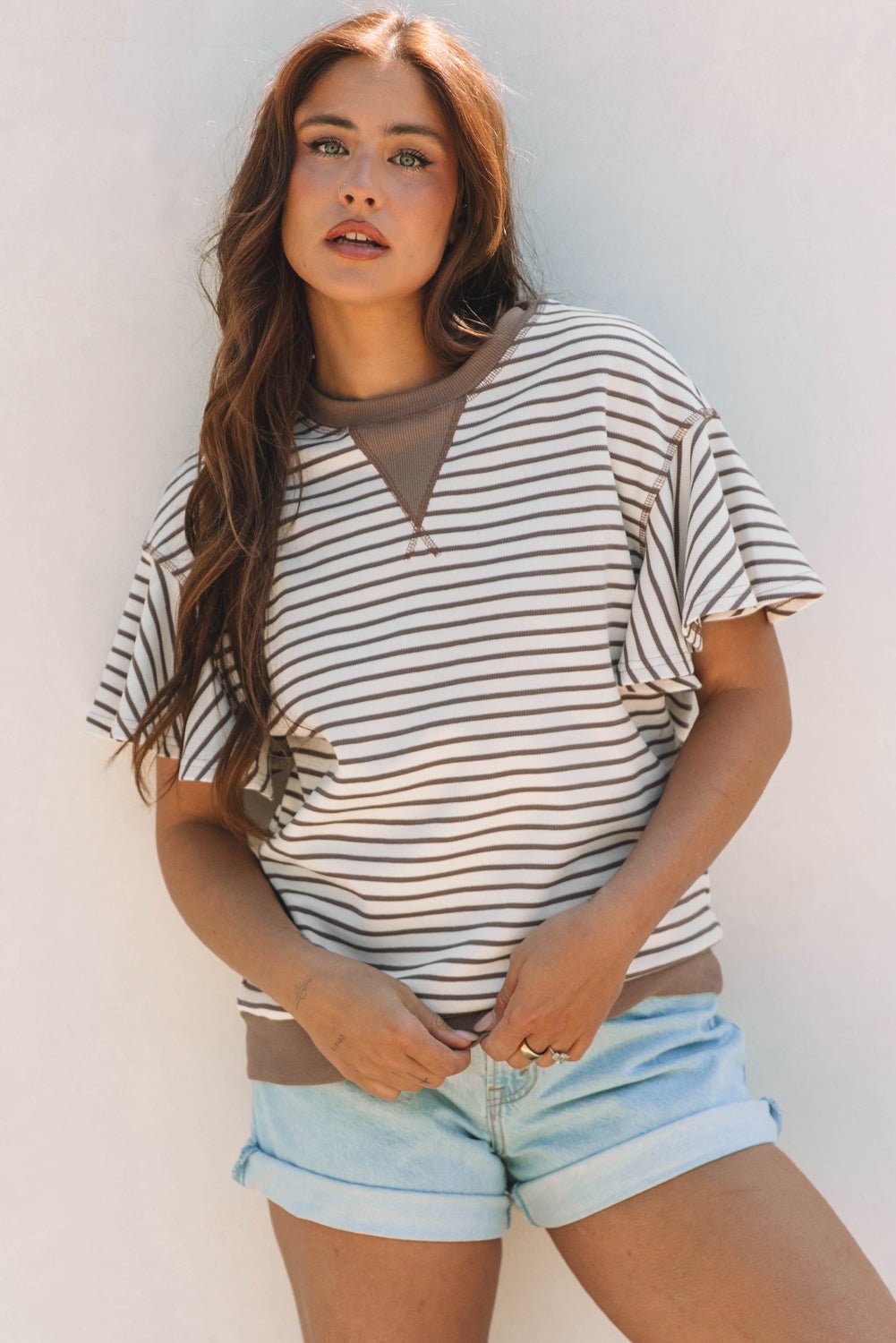 Stripe Contrast Detail Ruffle Short Sleeve Top - Rooted & Reckless Co.