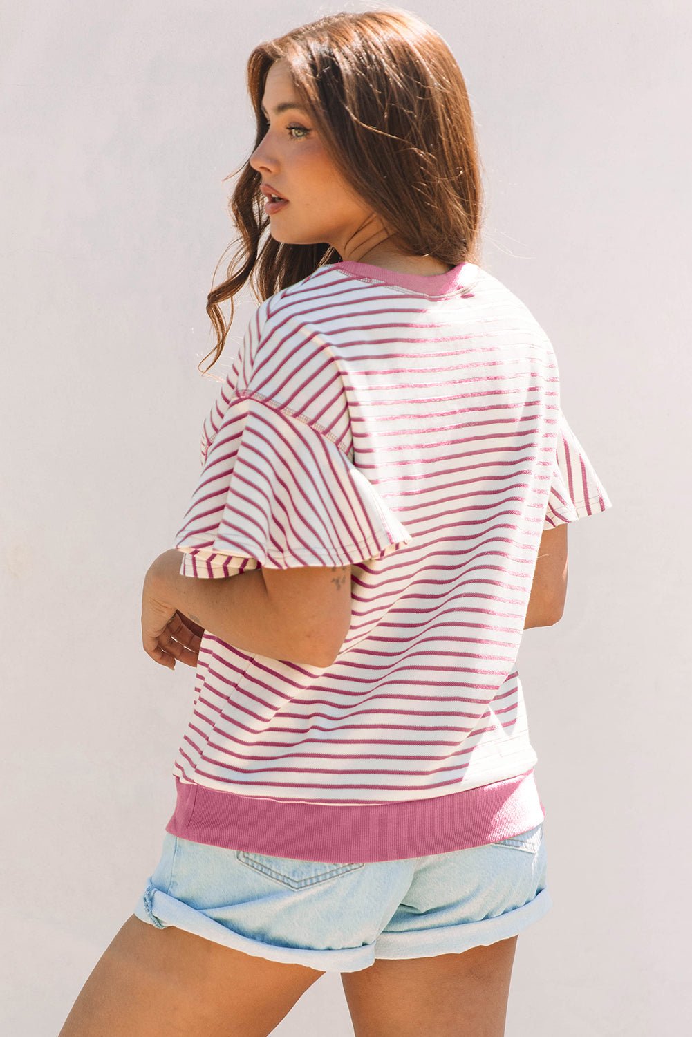 Stripe Contrast Detail Ruffle Short Sleeve Top - Rooted & Reckless Co.