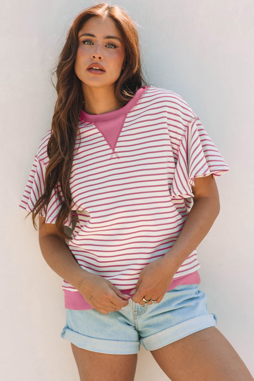 Stripe Contrast Detail Ruffle Short Sleeve Top - Rooted & Reckless Co.