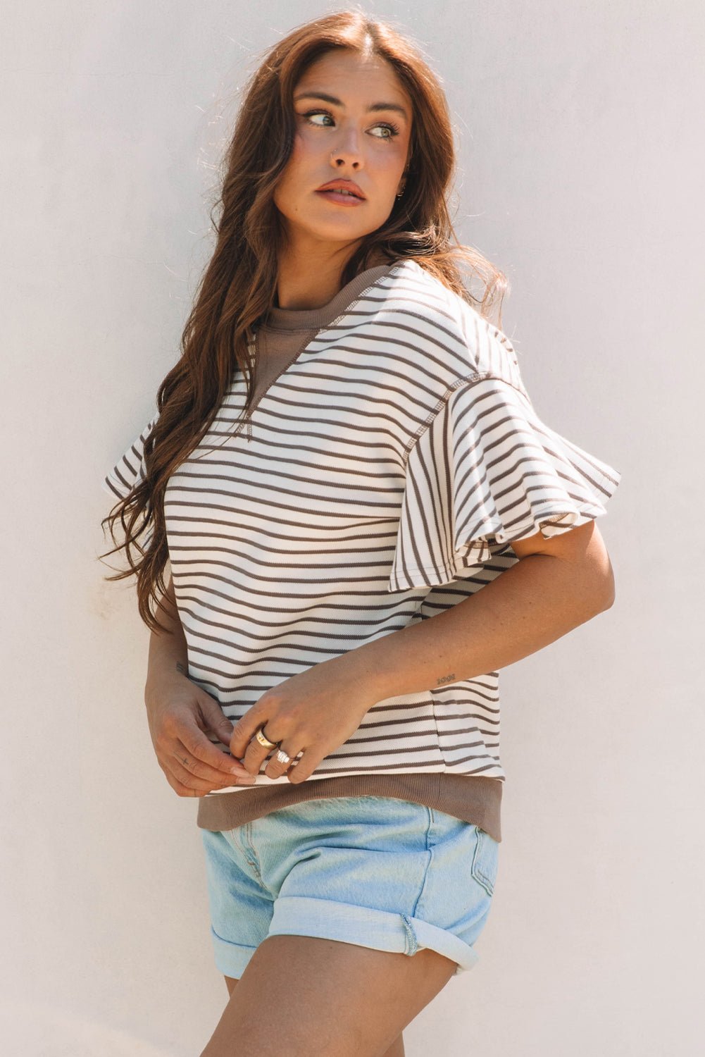 Stripe Contrast Detail Ruffle Short Sleeve Top - Rooted & Reckless Co.