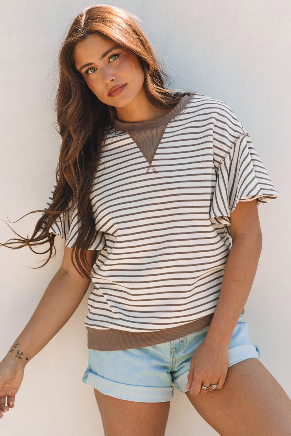 Stripe Contrast Detail Ruffle Short Sleeve Top - Rooted & Reckless Co.