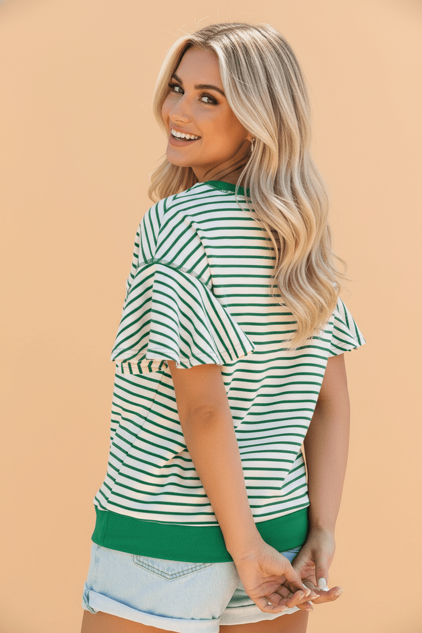 Stripe Contrast Detail Ruffle Short Sleeve Top - Rooted & Reckless Co.