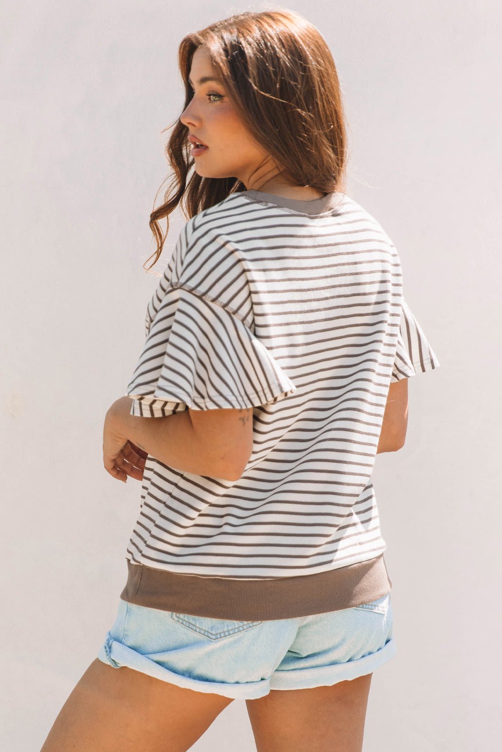 Stripe Contrast Detail Ruffle Short Sleeve Top - Rooted & Reckless Co.