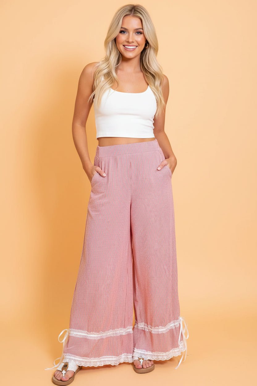 Stripe Contrast Lace Ribbon Tie Wide Leg Pants - Rooted & Reckless Co.