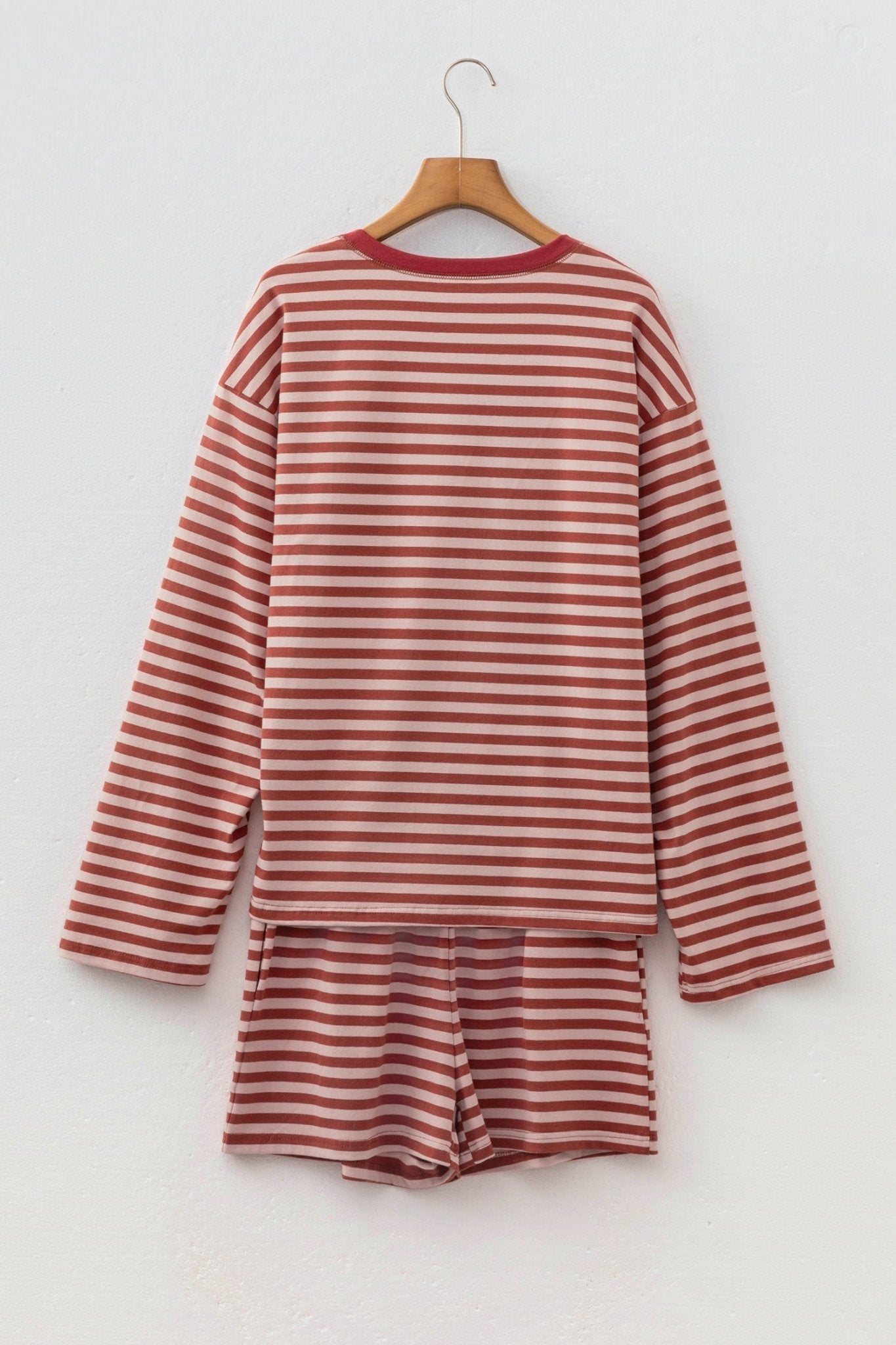 Stripe Contrast Long Sleeve Top & Elastic Waistband Short Set - Rooted & Reckless Co.
