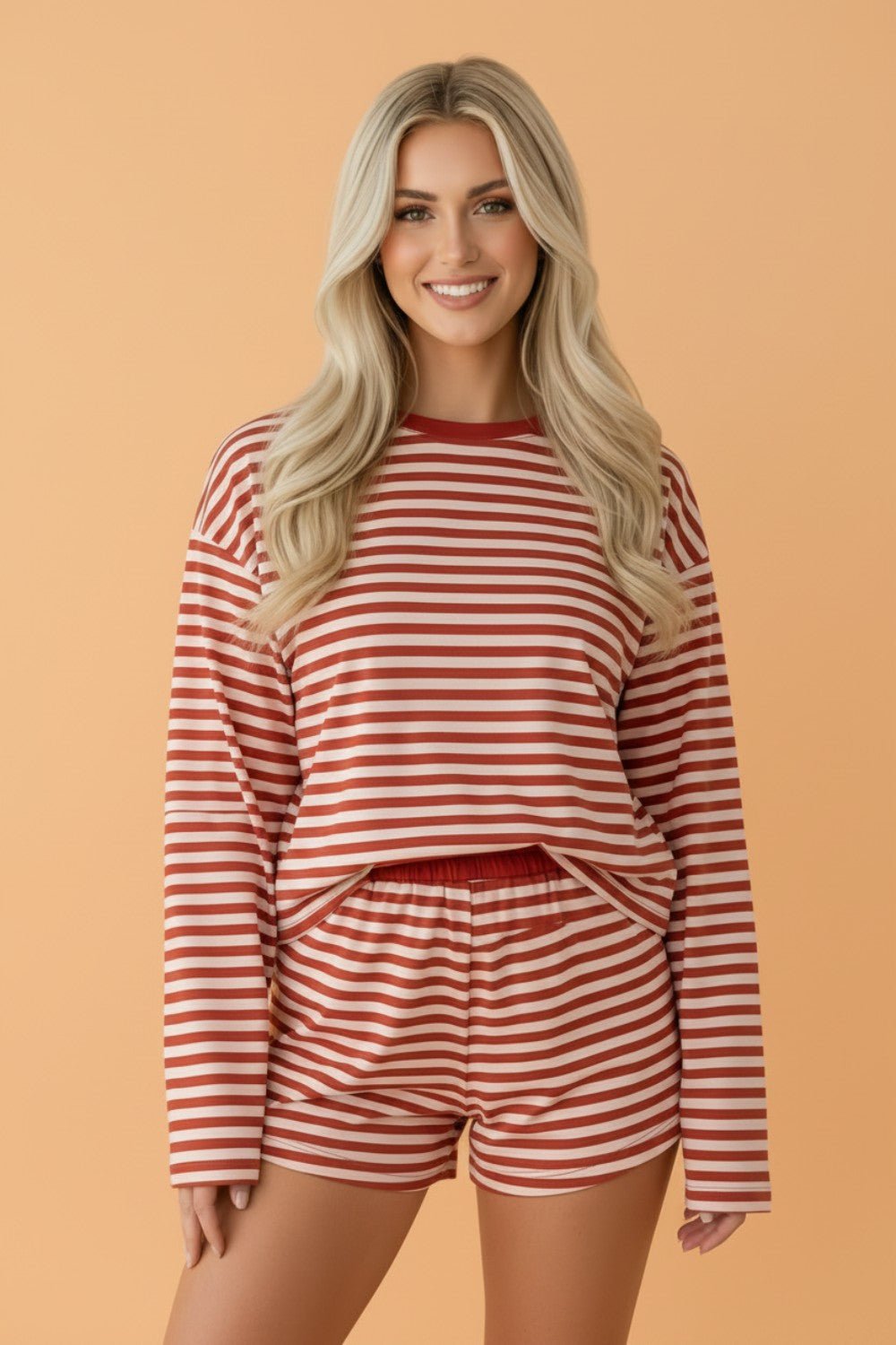 Stripe Contrast Long Sleeve Top & Elastic Waistband Short Set - Rooted & Reckless Co.